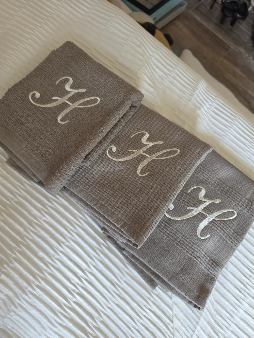 Custom Hand-Monogrammed 'H' Hand Towels Set Of 3- Taupe New